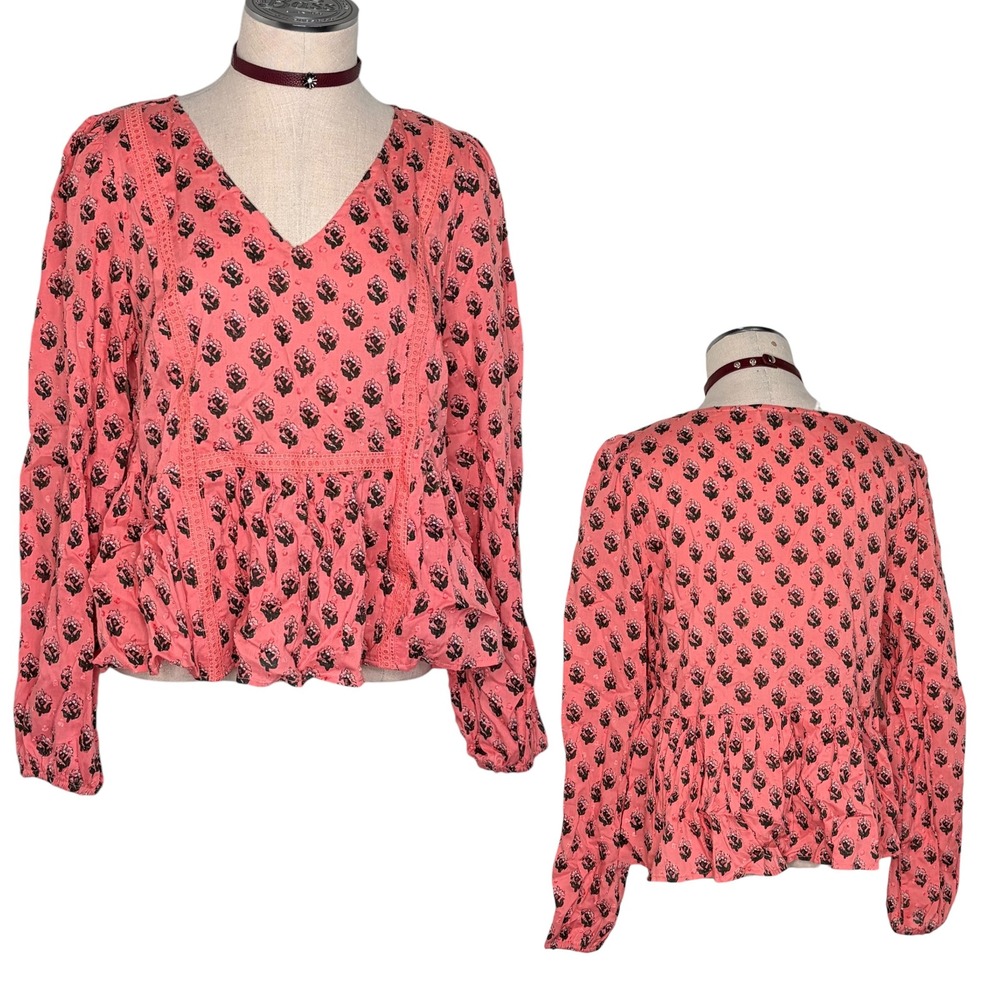 LOFT Peplum Top Small Coral Pink Floral Block Print Crochet Lace V-Neck Boho